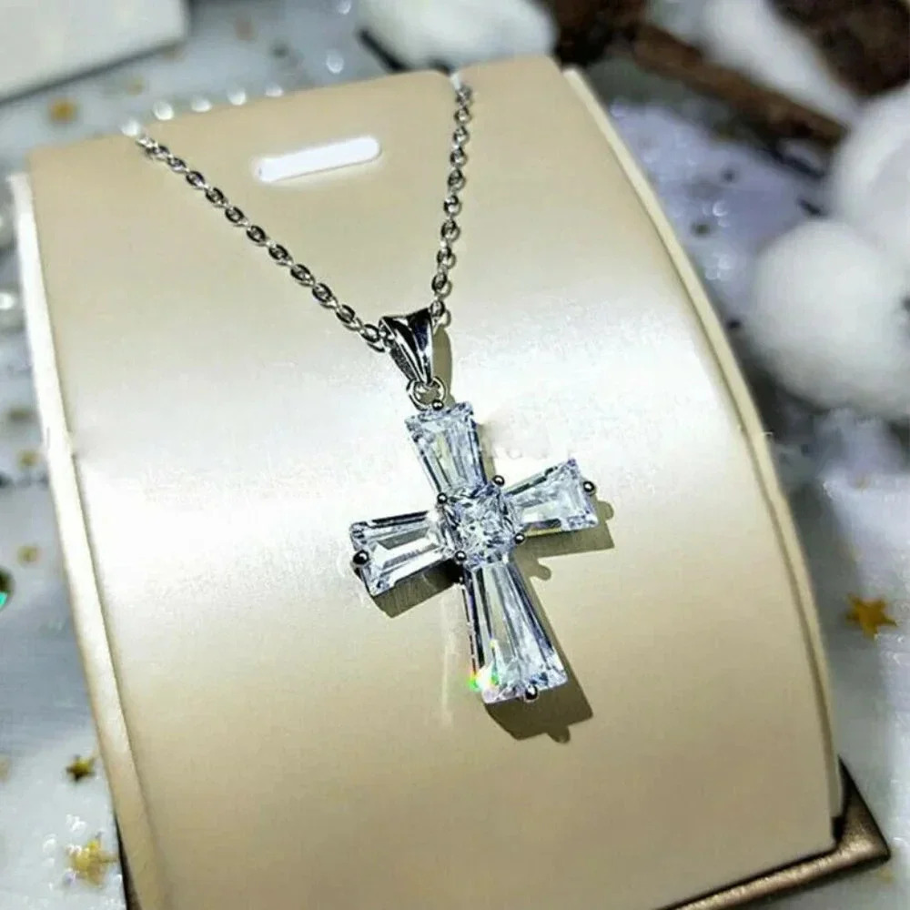 NEW 925 Sterling Silver Baguette Diamond Cross Pendant Necklace